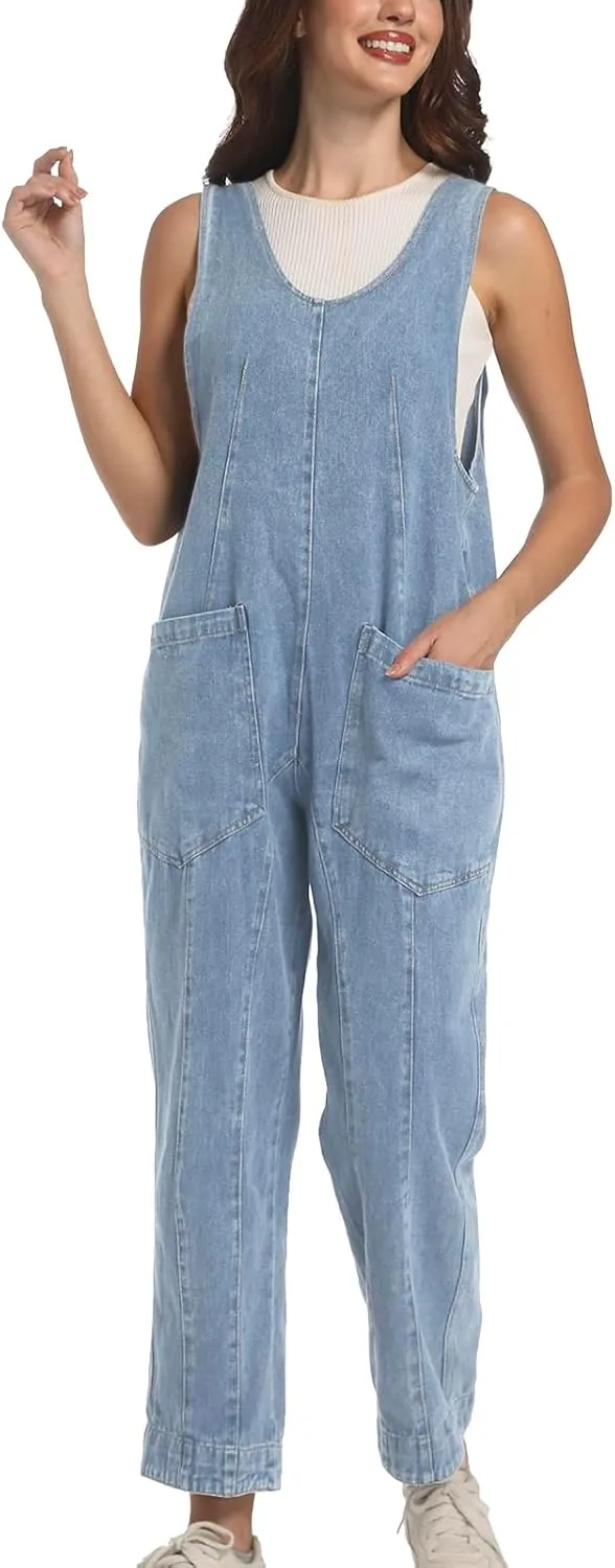 Womens High Roller Denim Jumpsuit Baggy Loose Fit Jean Overalls Adjustable Straps Sleeveless Jumpers with Pockets