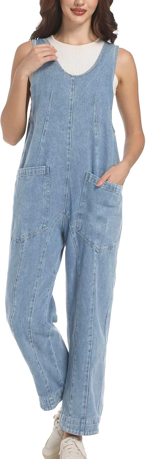 Womens High Roller Denim Jumpsuit Baggy Loose Fit Jean Overalls Adjustable Straps Sleeveless Jumpers with Pockets