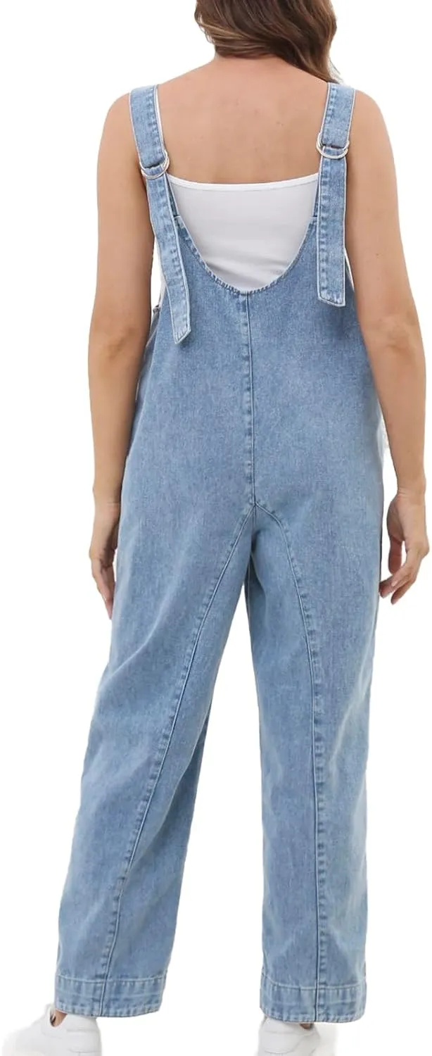 Womens High Roller Denim Jumpsuit Baggy Loose Fit Jean Overalls Adjustable Straps Sleeveless Jumpers with Pockets