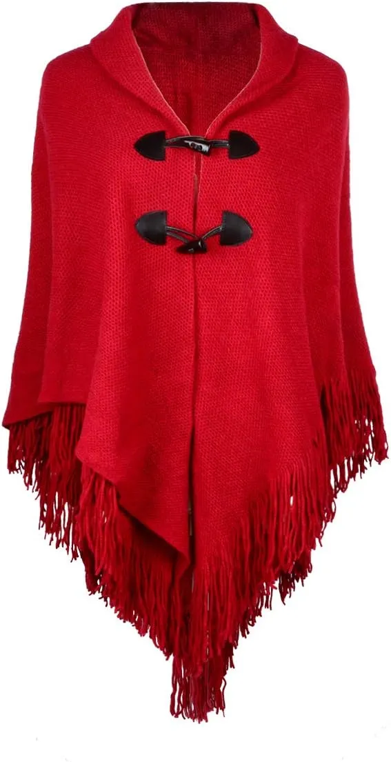 Women's Loose Cloak Poncho With Stylish Trumpet Button,Pullover Wrap
