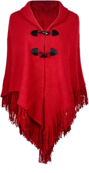 Women's Loose Cloak Poncho With Stylish Trumpet Button,Pullover Wrap