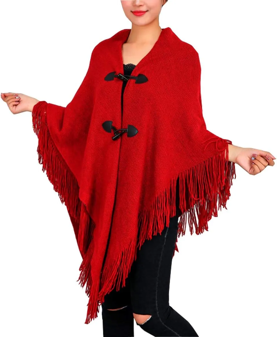Women's Loose Cloak Poncho With Stylish Trumpet Button,Pullover Wrap