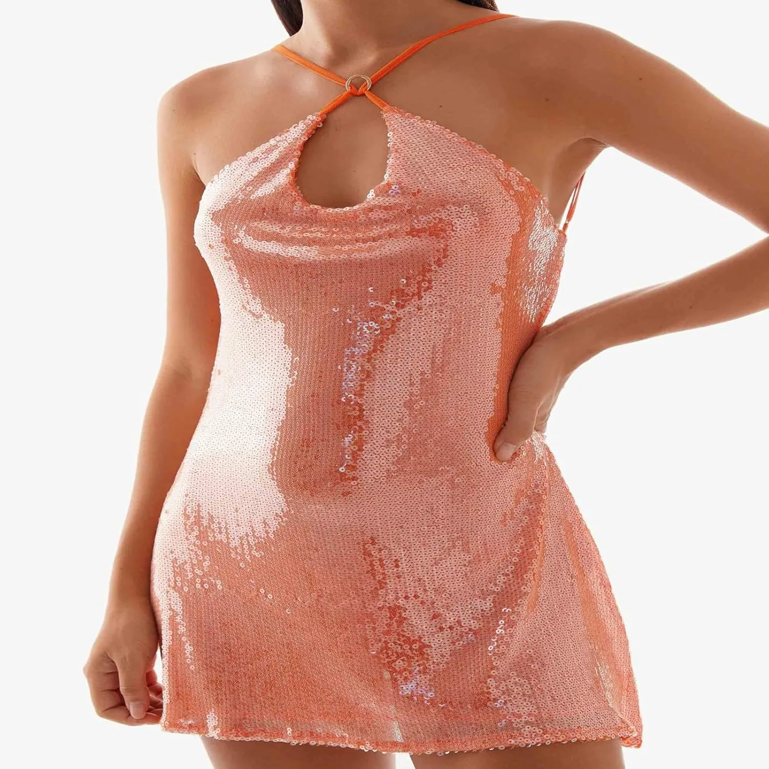 Women's Sexy Halter Sequin Mini Dress Sleeveless Backless Glitter Bodycon Party Club Slim Fit Cami Dress