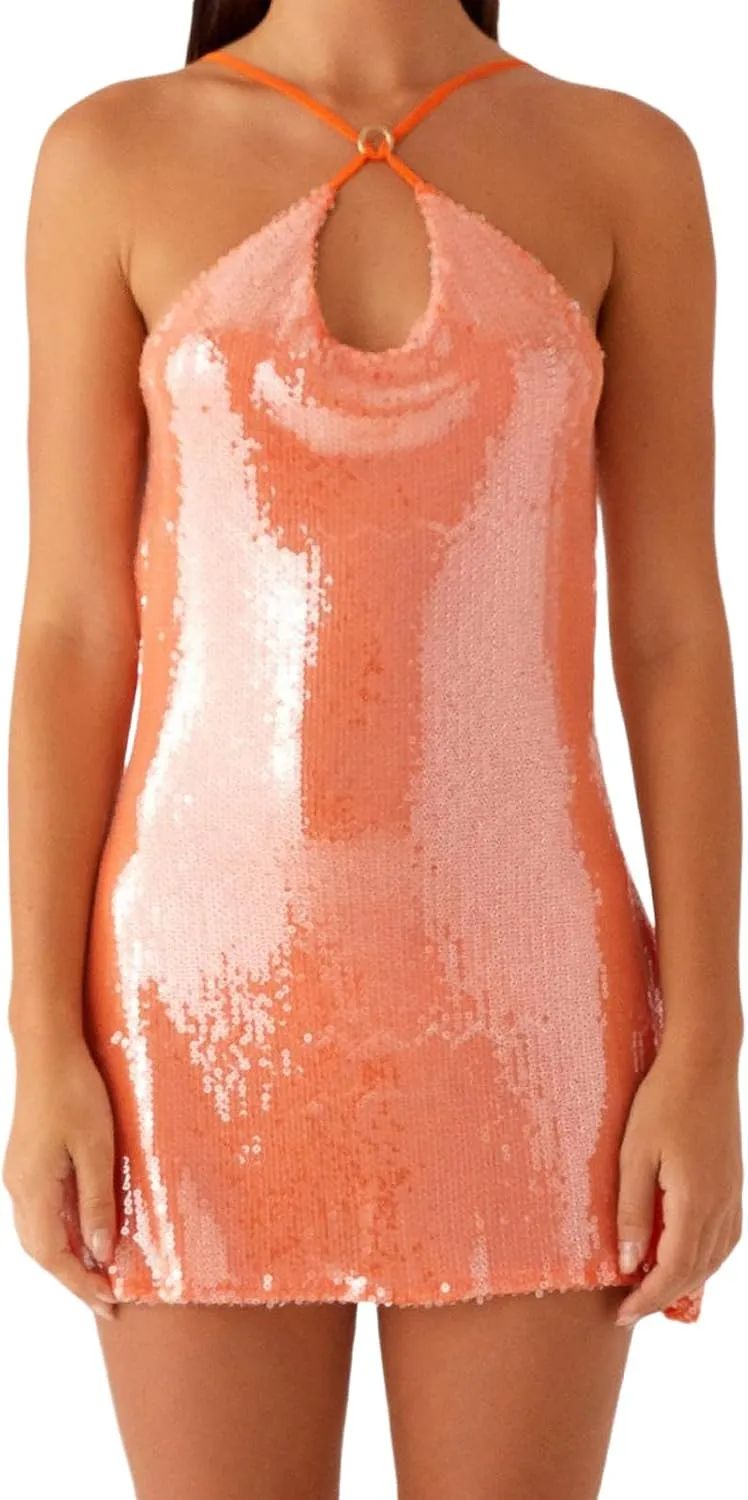 Women's Sexy Halter Sequin Mini Dress Sleeveless Backless Glitter Bodycon Party Club Slim Fit Cami Dress