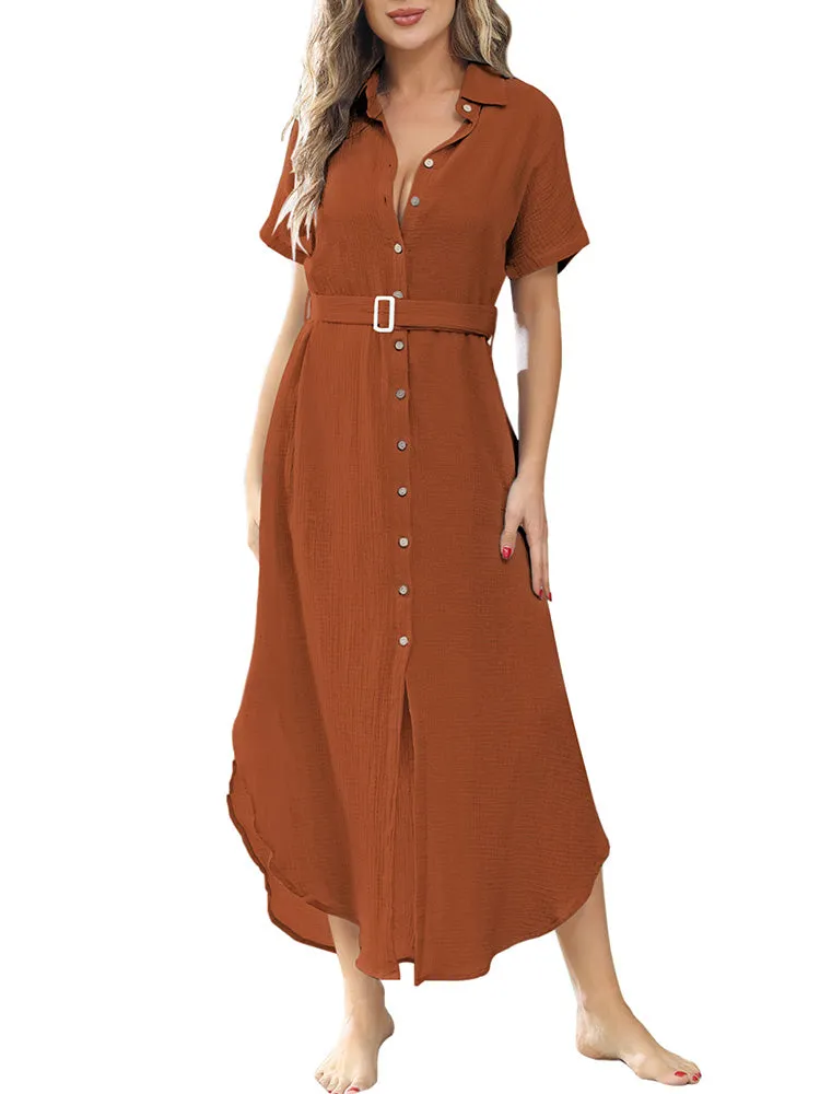 Women's Short Sleeve Button Down Side Slit Maxi Long Swimsuit Cover Up