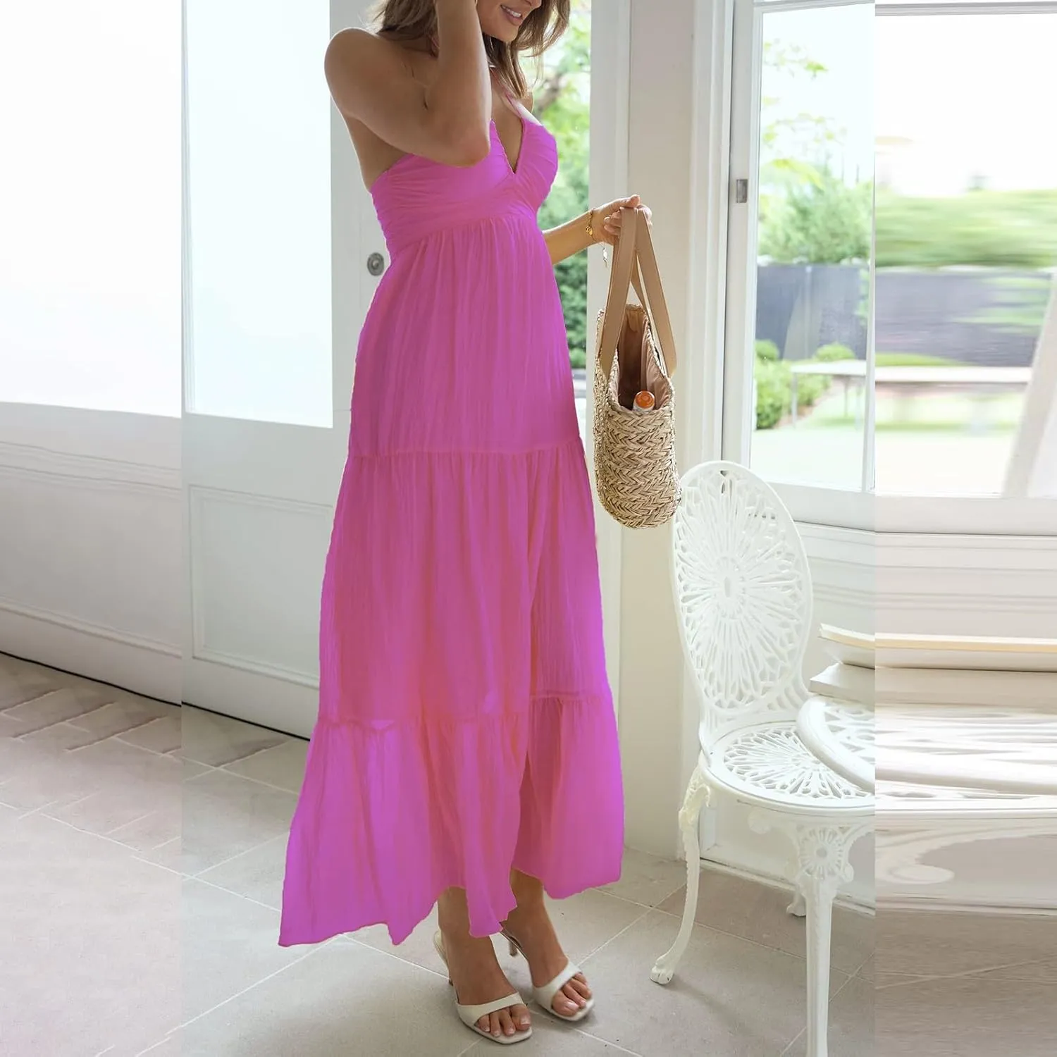 Women's Suspender V Neck Long Patchwork Dress Temperament Off Shoulder Casual Dresses Cute Summer Cute Winter Dresses