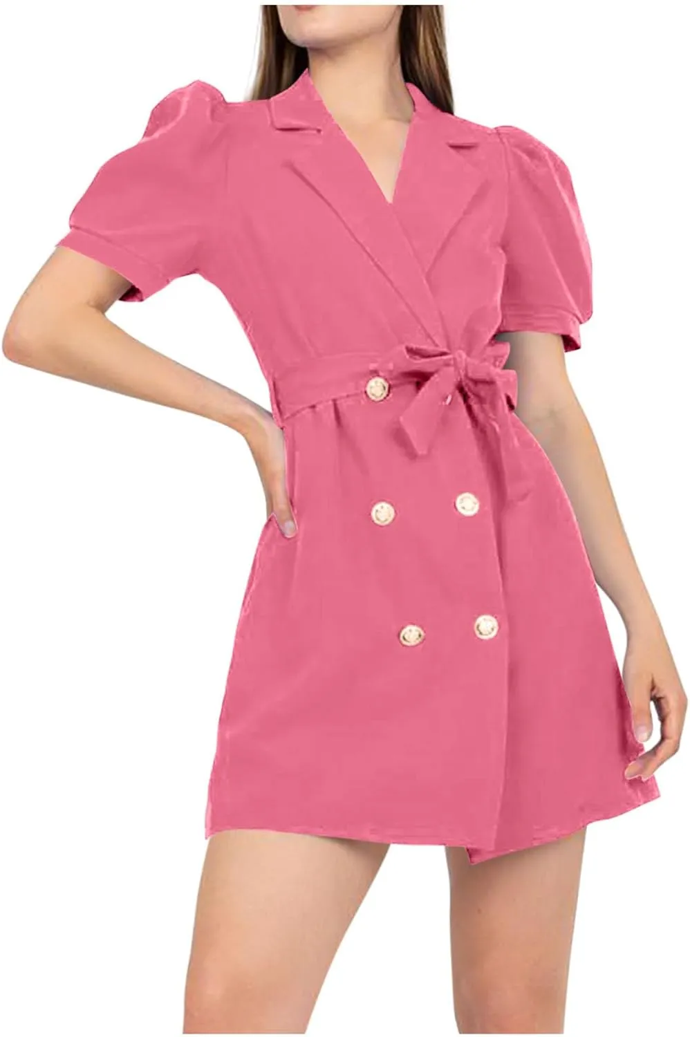 Women's Work Dresses Business Dressy Short Sleeve Notch Lapel Collar Button Belted Double Breasted Blazer Dress
