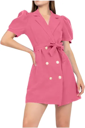 Women's Work Dresses Business Dressy Short Sleeve Notch Lapel Collar Button Belted Double Breasted Blazer Dress