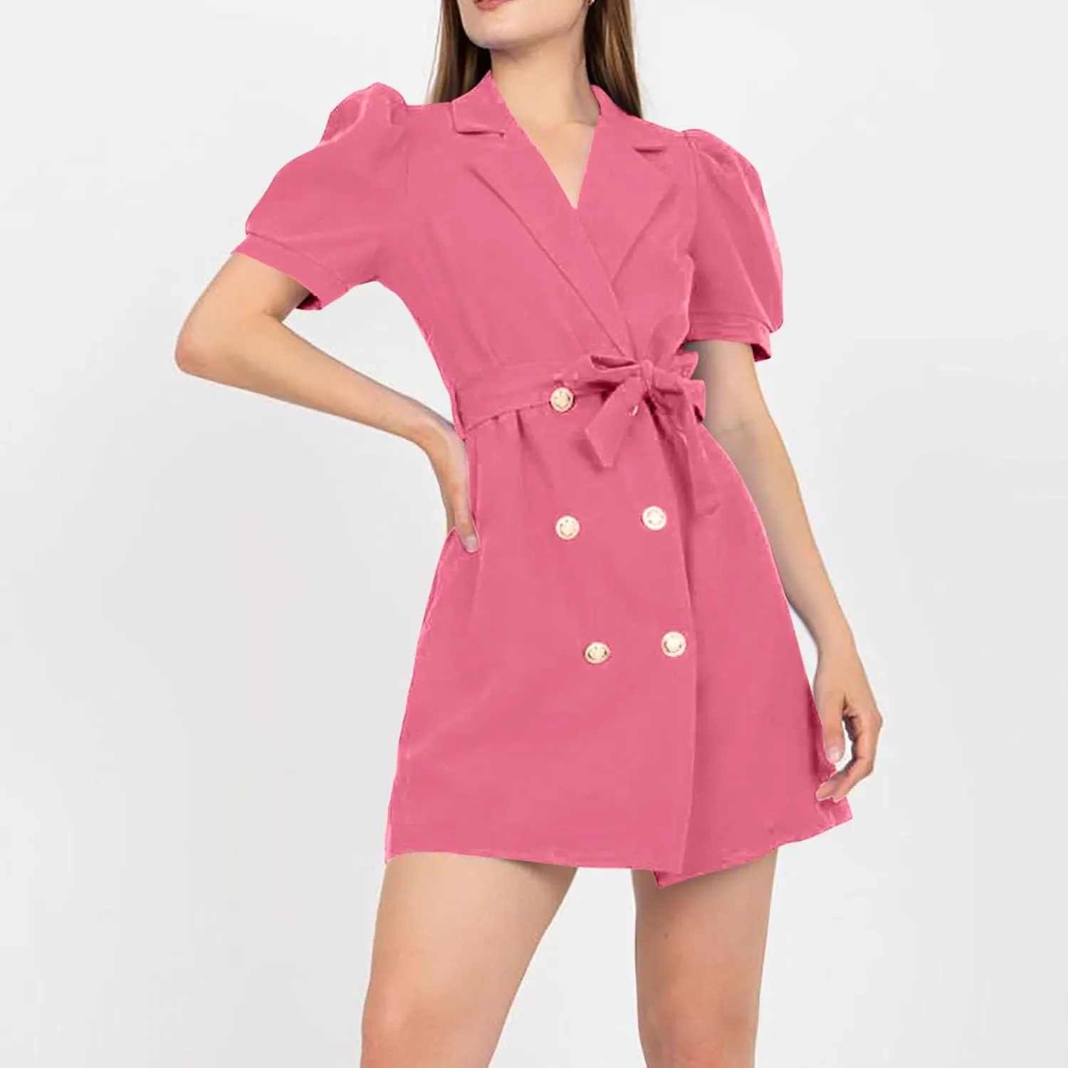 Women's Work Dresses Business Dressy Short Sleeve Notch Lapel Collar Button Belted Double Breasted Blazer Dress