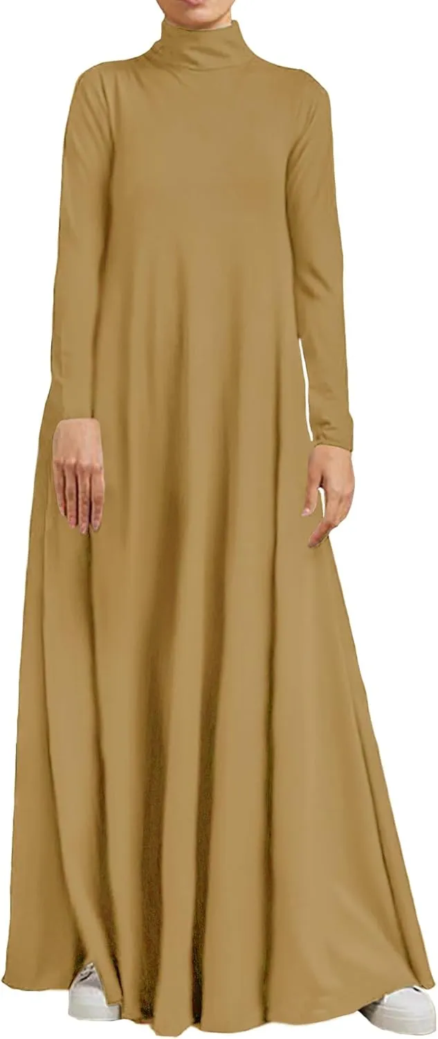 WSPLYSPJY Women Girls High Neck Long Sleeve Abaya Muslim Dress Solid Color Prayer Clothes Islamic Robe