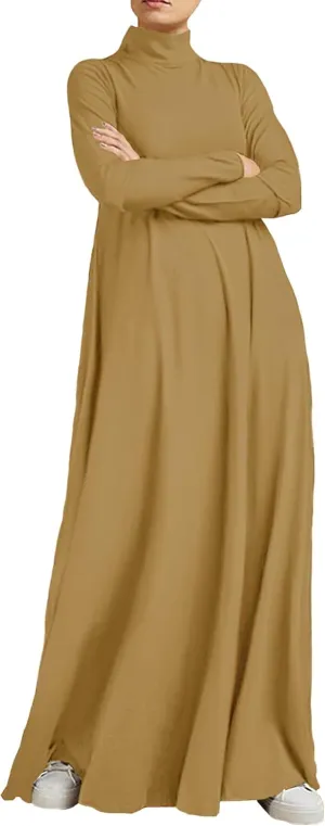 WSPLYSPJY Women Girls High Neck Long Sleeve Abaya Muslim Dress Solid Color Prayer Clothes Islamic Robe