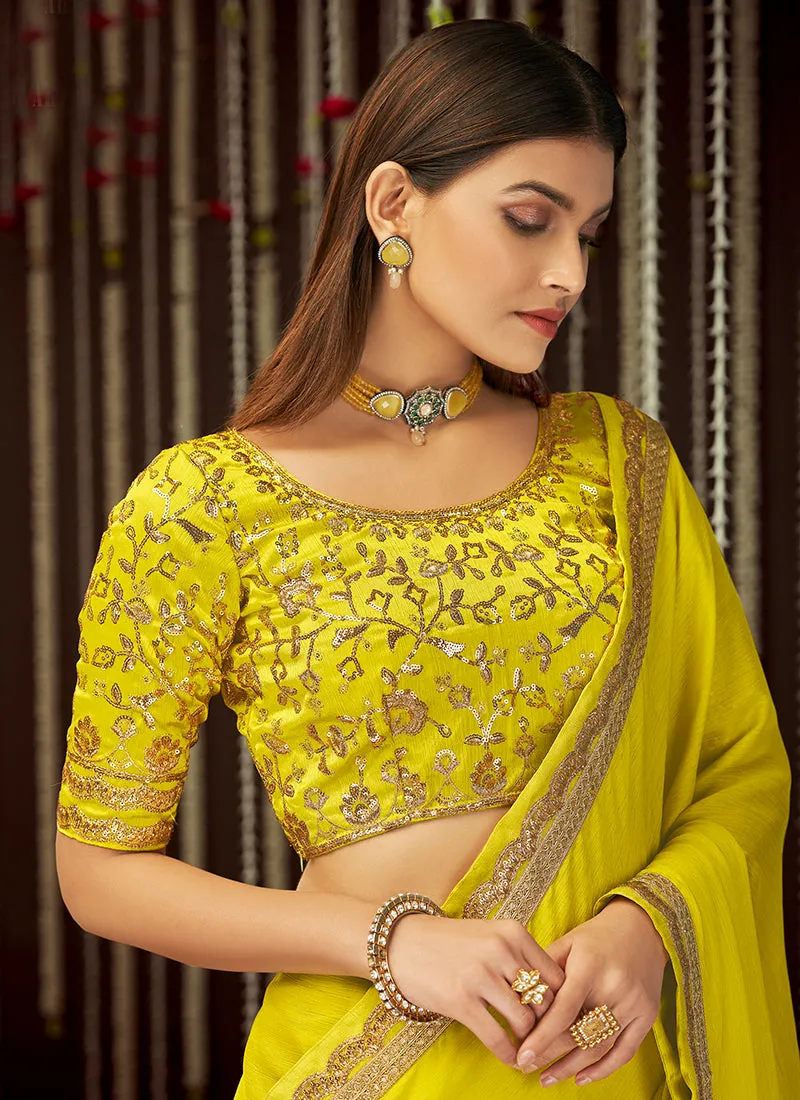Yellow Zari And Sequence Embroidered Silk Saree