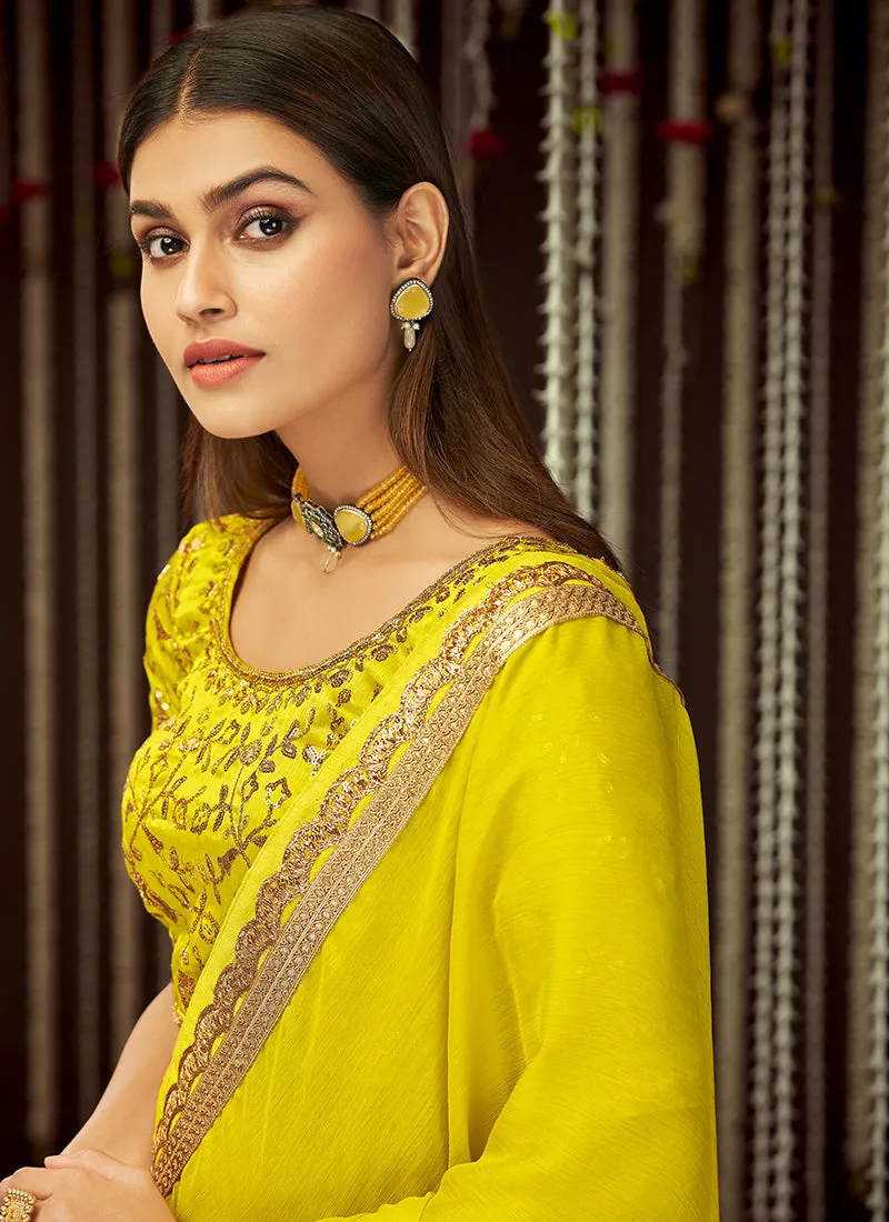 Yellow Zari And Sequence Embroidered Silk Saree