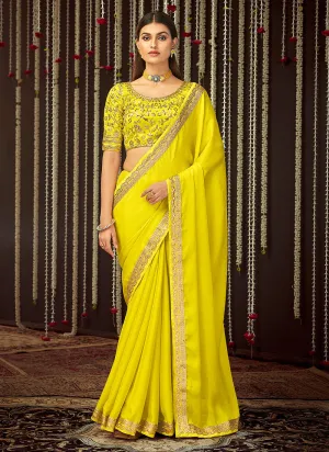 Yellow Zari And Sequence Embroidered Silk Saree