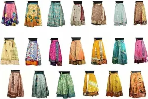 YILLE Boho Silk Sari Vintage Wraparound Long Skirt for Women Tie Waist Gypsy Double Layer Skirt with Multicolor Asymmetrical Free Size, Ethnic Fashion for Any Occasion and Casual Outings (Pack of 1)