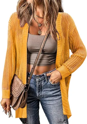 Zeagoo Women 2025 Lightweight Crochet Cardigan Long Sleeve Open Front Knit Sweater Summer Kimono Cover Up with Pockets