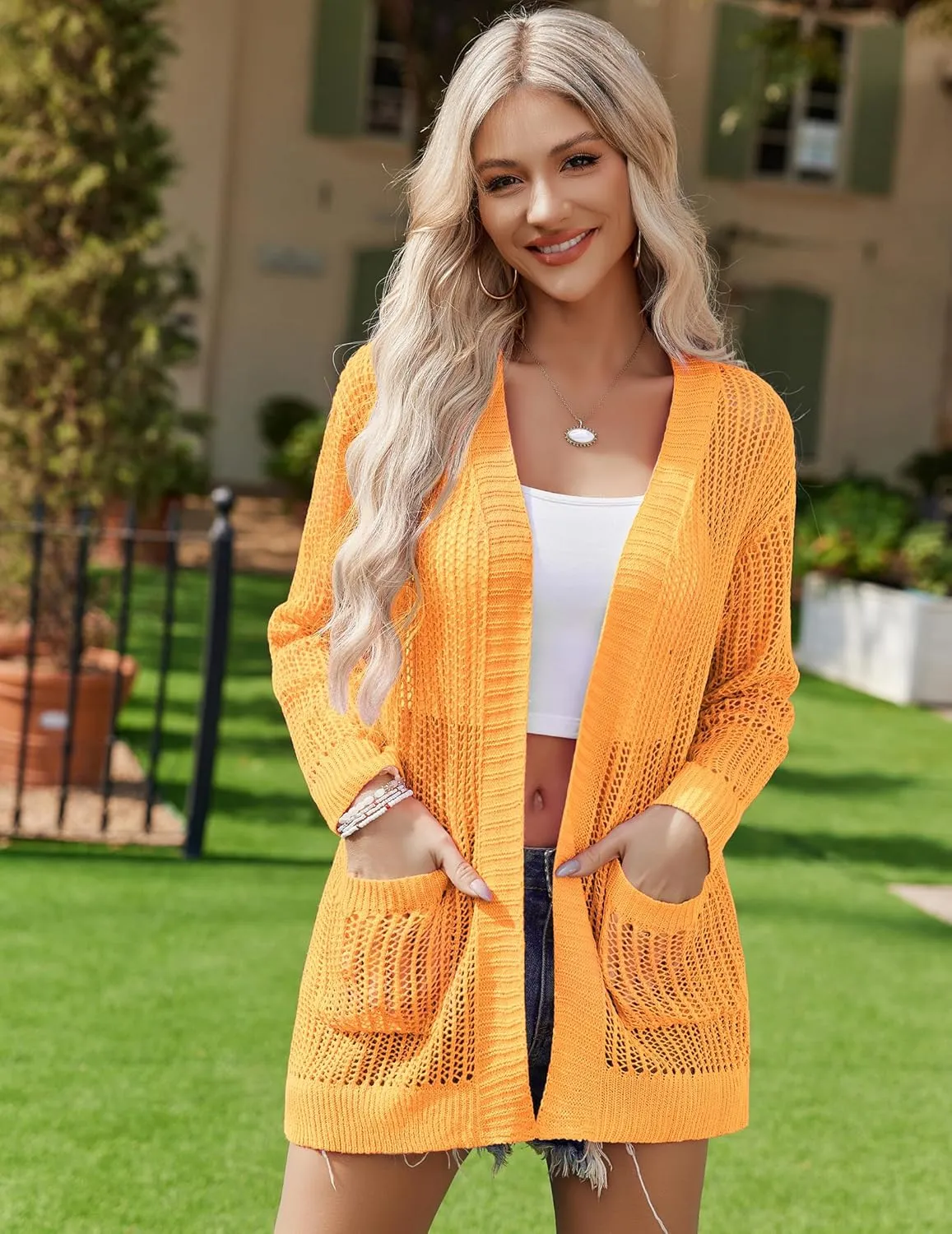 Zeagoo Women 2025 Lightweight Crochet Cardigan Long Sleeve Open Front Knit Sweater Summer Kimono Cover Up with Pockets