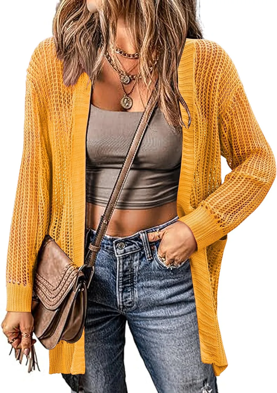 Zeagoo Women 2025 Lightweight Crochet Cardigan Long Sleeve Open Front Knit Sweater Summer Kimono Cover Up with Pockets