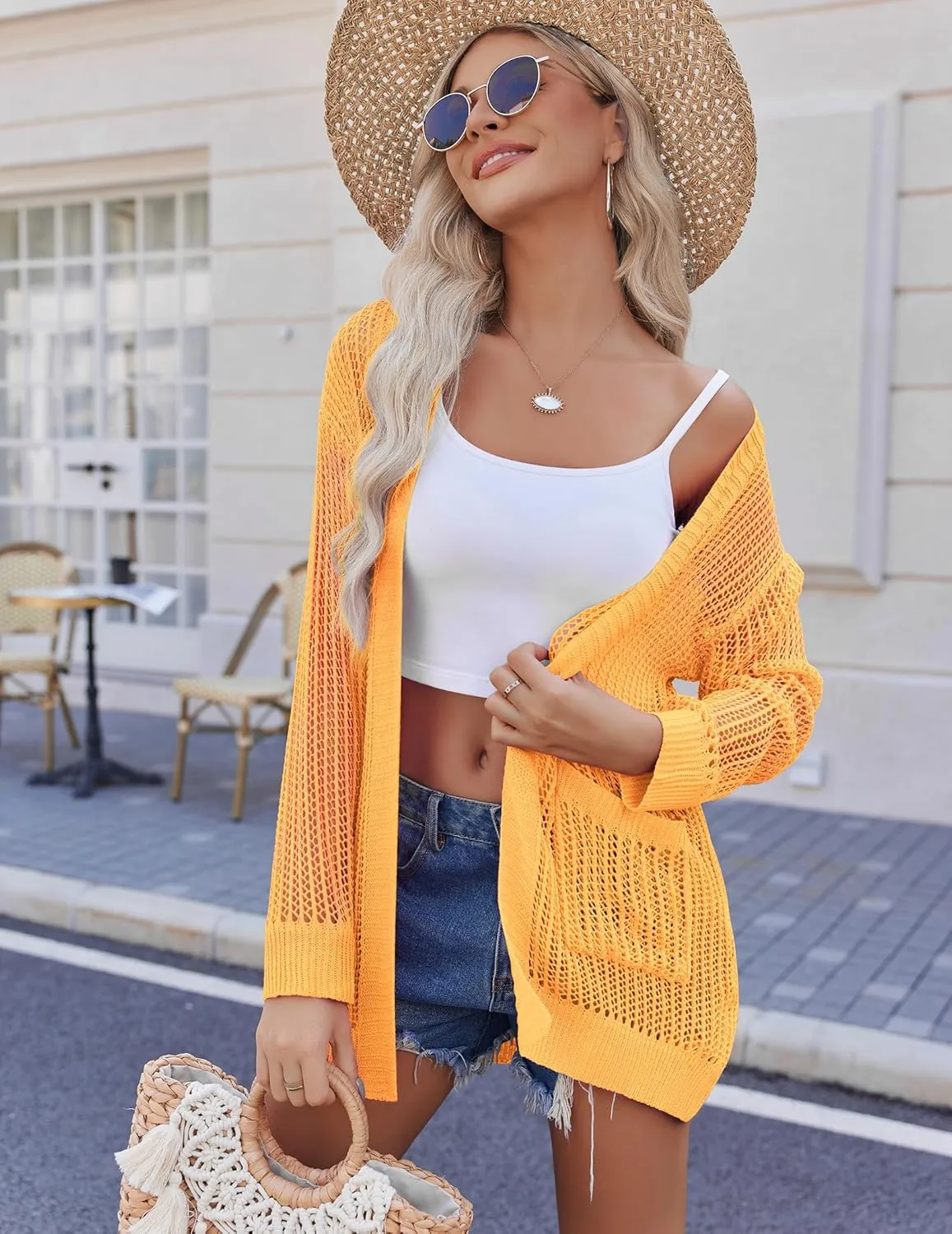 Zeagoo Women 2025 Lightweight Crochet Cardigan Long Sleeve Open Front Knit Sweater Summer Kimono Cover Up with Pockets