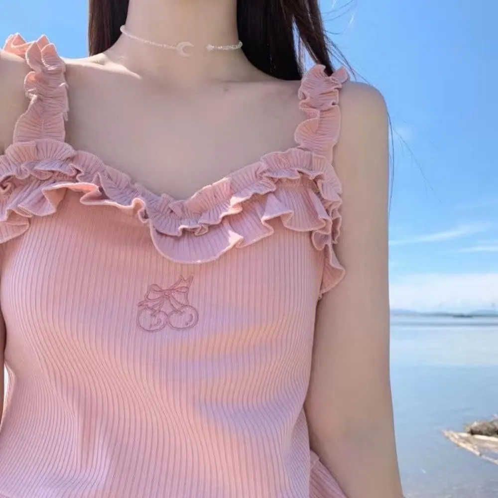 ZITEZHGO Women Kawaii Ribbon Pink Summer Sleeveless Ruffle Strap Tie Neck Cute Cami Tank Top Blouse