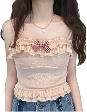 ZITEZHGO Women Kawaii Ribbon Pink Summer Sleeveless Ruffle Strap Tie Neck Cute Cami Tank Top Blouse