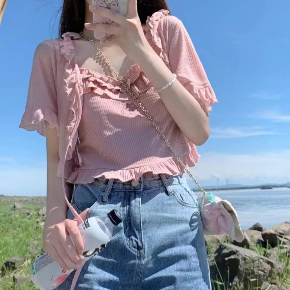 ZITEZHGO Women Kawaii Ribbon Pink Summer Sleeveless Ruffle Strap Tie Neck Cute Cami Tank Top Blouse
