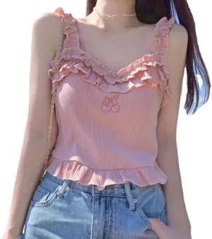 ZITEZHGO Women Kawaii Ribbon Pink Summer Sleeveless Ruffle Strap Tie Neck Cute Cami Tank Top Blouse
