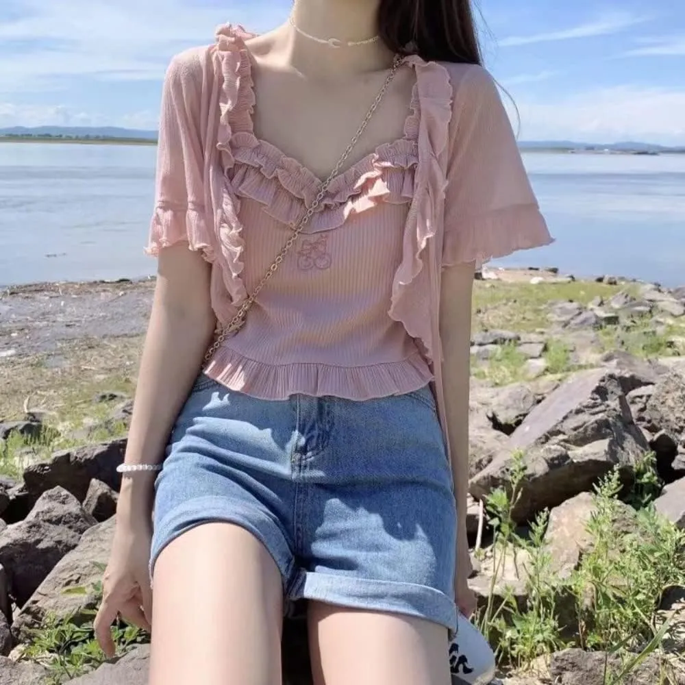 ZITEZHGO Women Kawaii Ribbon Pink Summer Sleeveless Ruffle Strap Tie Neck Cute Cami Tank Top Blouse