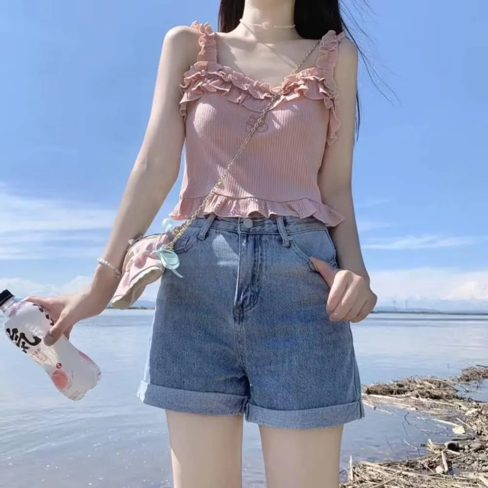 ZITEZHGO Women Kawaii Ribbon Pink Summer Sleeveless Ruffle Strap Tie Neck Cute Cami Tank Top Blouse