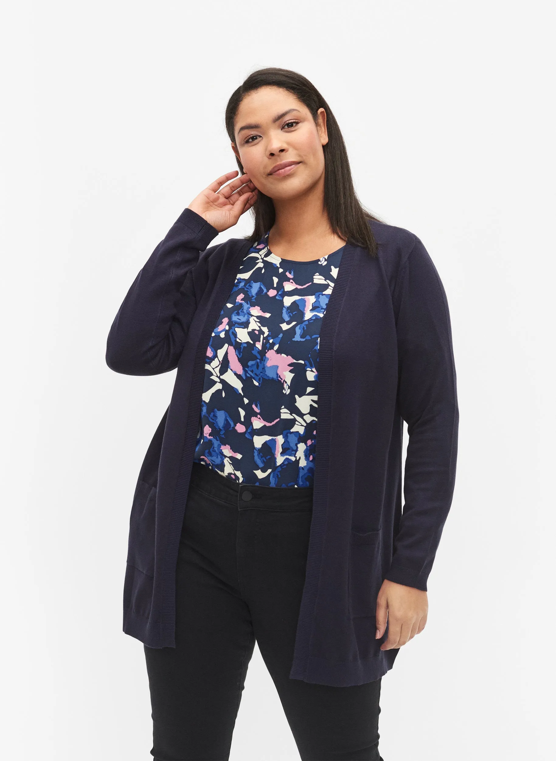 Navy Zizzi Carrie Longline Cardigan for Women