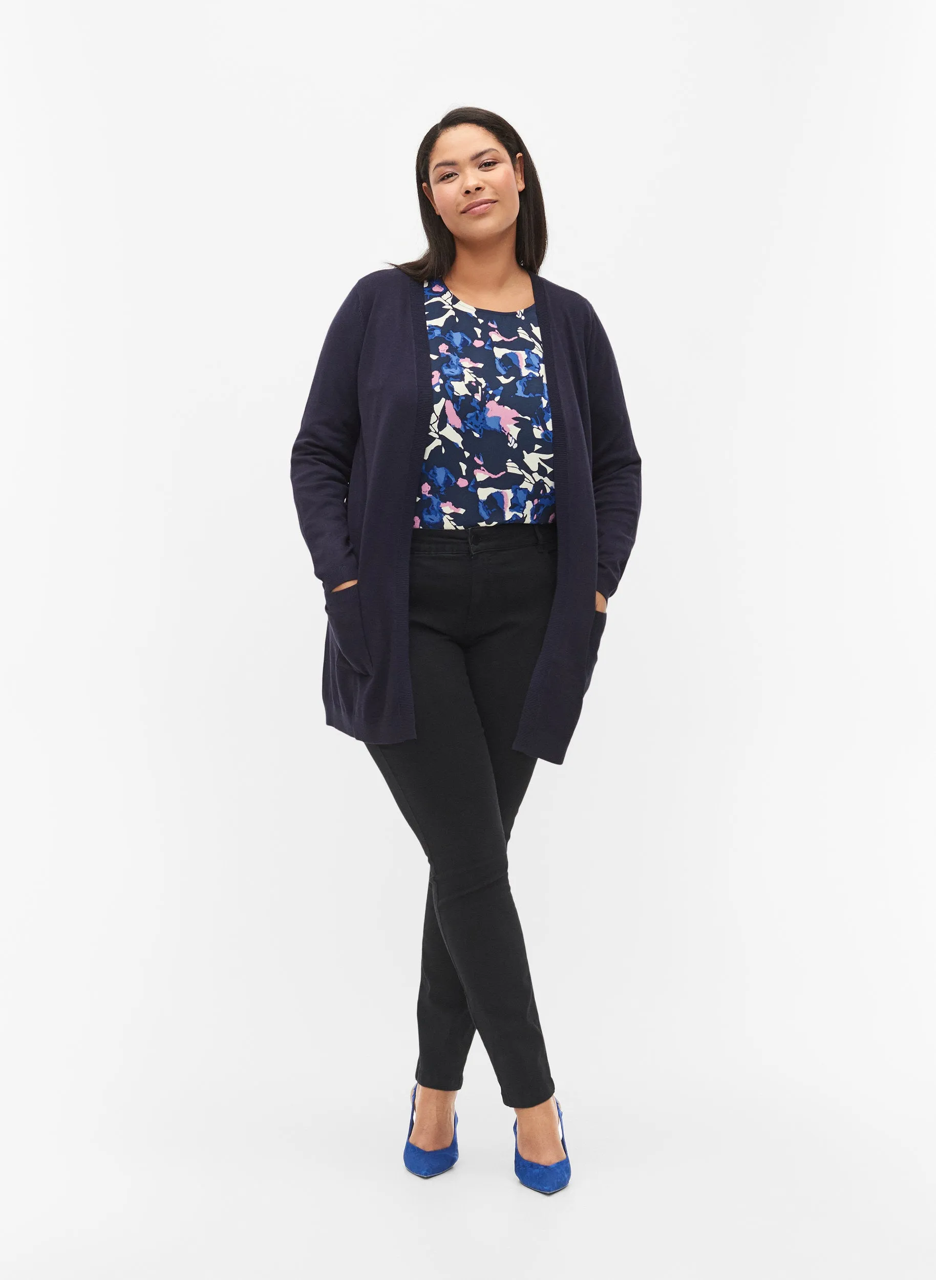 Navy Zizzi Carrie Longline Cardigan for Women